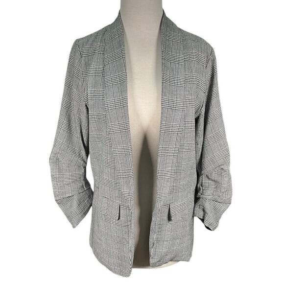 Shine Star Grey Micro Plaid Open Front Slouchy Blazer Functional Pockets Medium - Picture 1 of 10
